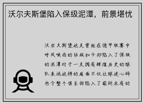 沃尔夫斯堡陷入保级泥潭，前景堪忧