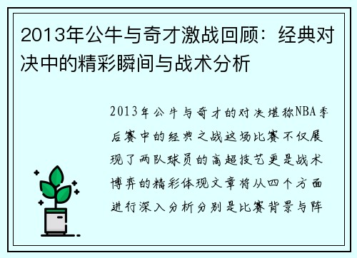 2013年公牛与奇才激战回顾：经典对决中的精彩瞬间与战术分析