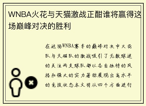 WNBA火花与天猫激战正酣谁将赢得这场巅峰对决的胜利