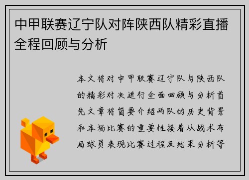 中甲联赛辽宁队对阵陕西队精彩直播全程回顾与分析