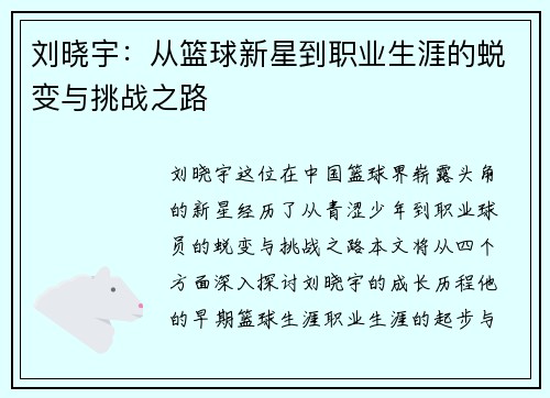 刘晓宇：从篮球新星到职业生涯的蜕变与挑战之路