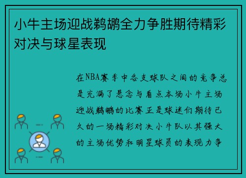 小牛主场迎战鹈鹕全力争胜期待精彩对决与球星表现