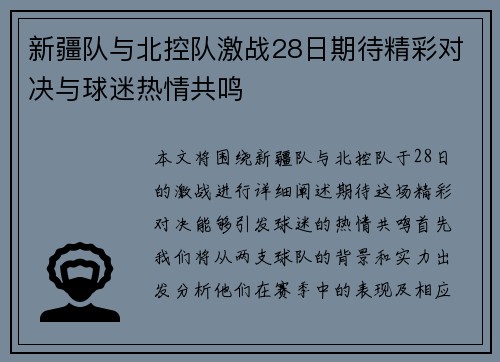 新疆队与北控队激战28日期待精彩对决与球迷热情共鸣