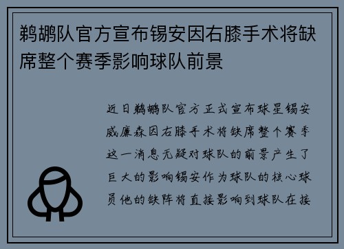 鹈鹕队官方宣布锡安因右膝手术将缺席整个赛季影响球队前景
