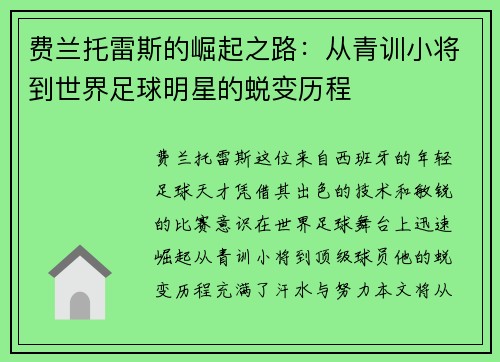 费兰托雷斯的崛起之路：从青训小将到世界足球明星的蜕变历程
