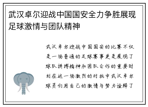 武汉卓尔迎战中国国安全力争胜展现足球激情与团队精神