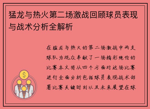 猛龙与热火第二场激战回顾球员表现与战术分析全解析