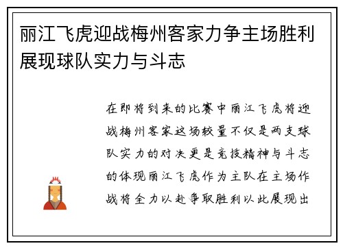 丽江飞虎迎战梅州客家力争主场胜利展现球队实力与斗志