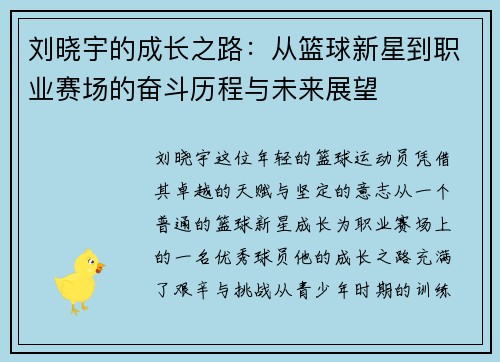 刘晓宇的成长之路：从篮球新星到职业赛场的奋斗历程与未来展望