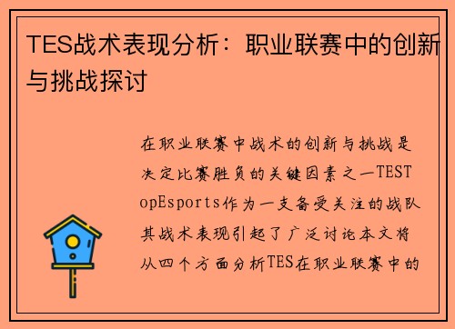TES战术表现分析：职业联赛中的创新与挑战探讨