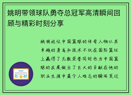 姚明带领球队勇夺总冠军高清瞬间回顾与精彩时刻分享