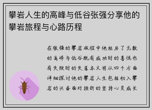 攀岩人生的高峰与低谷张强分享他的攀岩旅程与心路历程