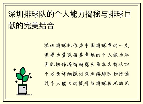 深圳排球队的个人能力揭秘与排球巨献的完美结合