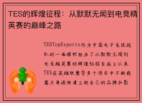 TES的辉煌征程：从默默无闻到电竞精英赛的巅峰之路
